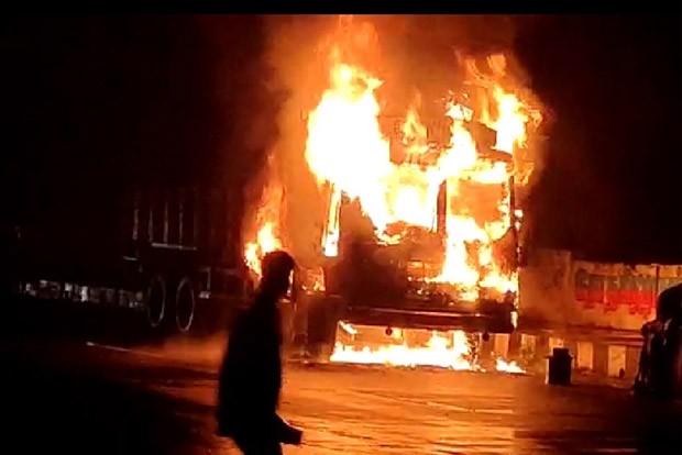 Bike, lorry go up in flames