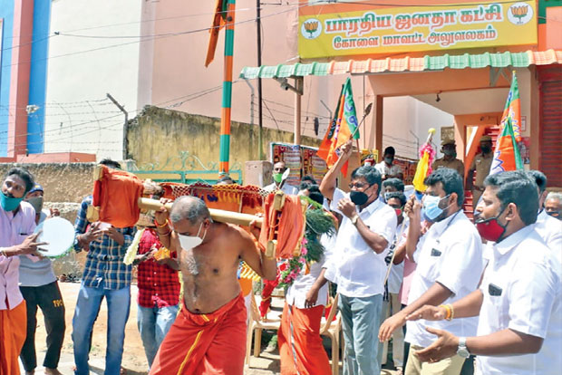 BJP men on kavadi yatra seeking Goondas Act against Karuppar Kootam