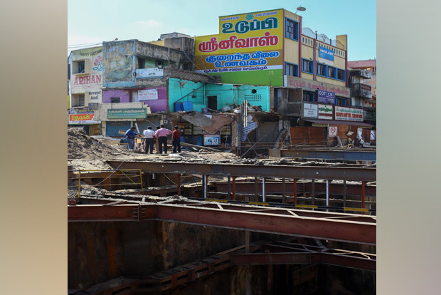Building adjacent to Metro Rail work site caves in at Tondiarpet