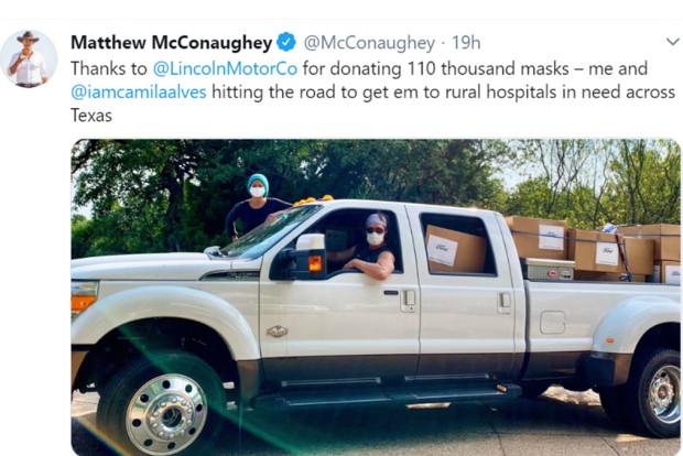 Matthew McConaughey delivers 110,000 masks to Texas hospitals