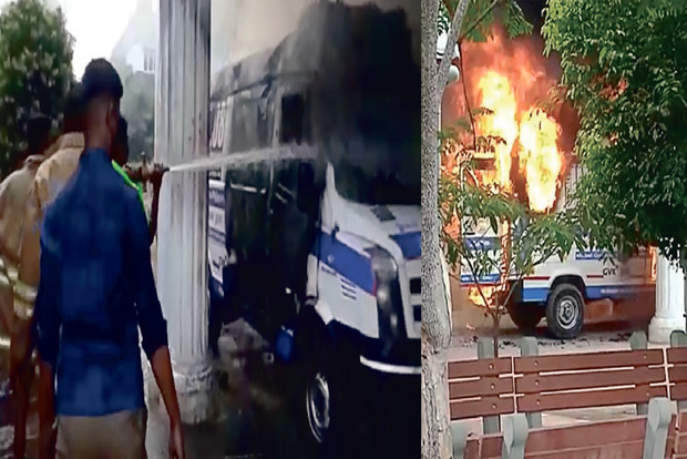 108 ambulance goes ablaze minutes after COVID patient, 2 others alight