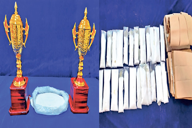 Drugs worth Rs 40 lakh hidden in belts, trophies seized at airport