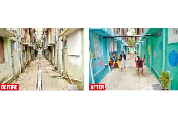 Refurbished corridor in slum tenement brings joy to children