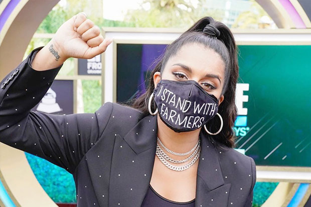 Lilly Singh takes Indian farmers protests to Grammy red carpet Lilly Singh takes Indian farmers protests to Grammy red carpet