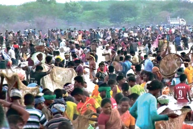 Scores of villagers violate COVID-19 norms during fishing festival at kanmoi near Melur