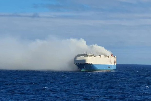 Burning ship drifts in Atlantic with Lamborghinis, Porsches, Audis aboard