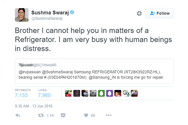 Brother I cannot help you in matters of a refrigerator: Swaraj